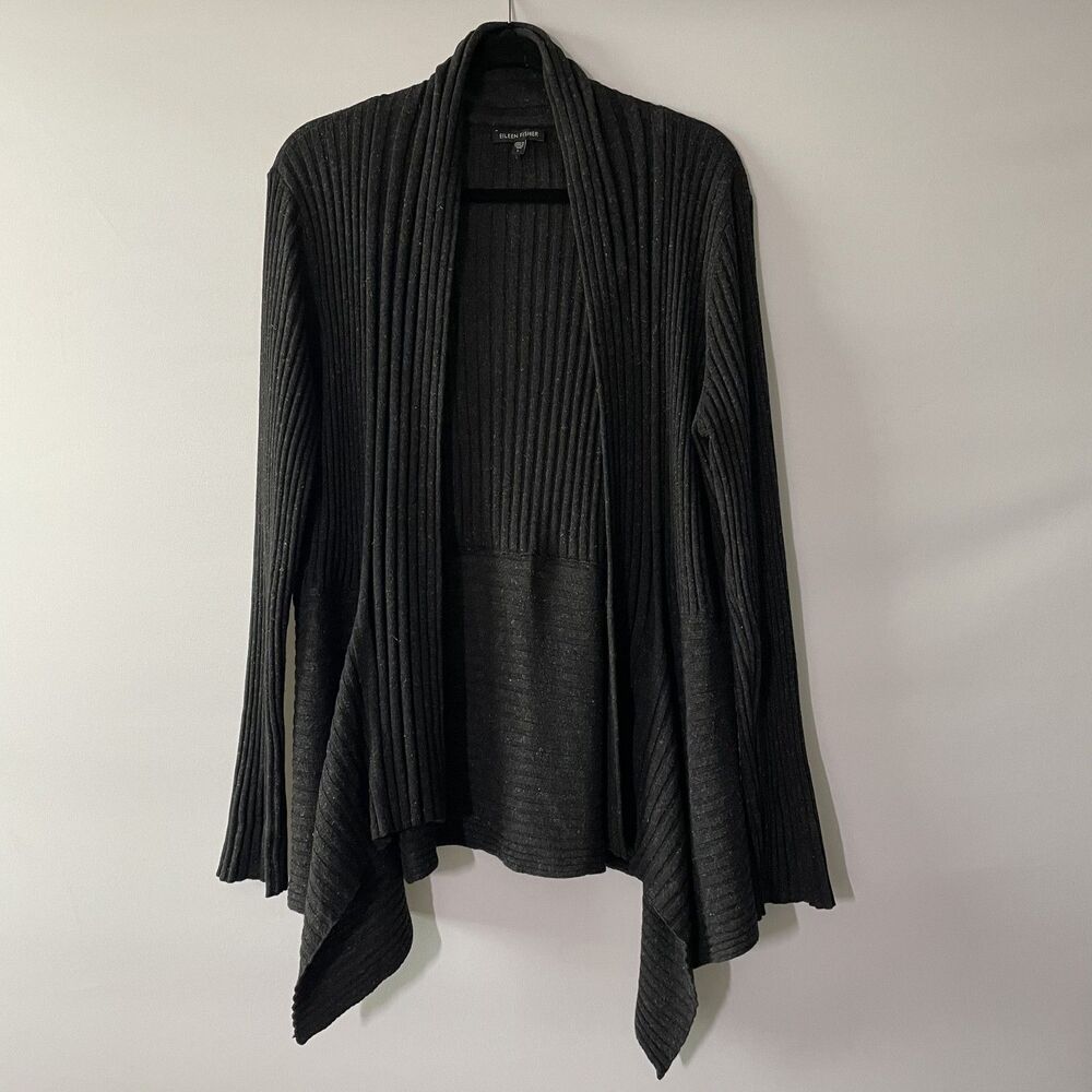 Eileen Fisher Open Front Rib Knit Drape Cardigan Charcoal Black Size L